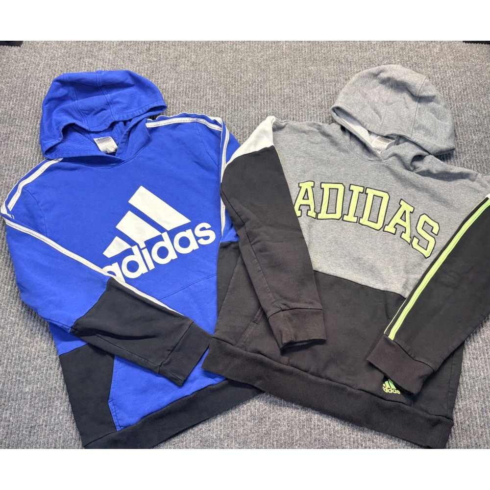 Adidas Boys XL 18/20 Blue Black Colorblock Fleece Pullover Hoodie Sweatshirts